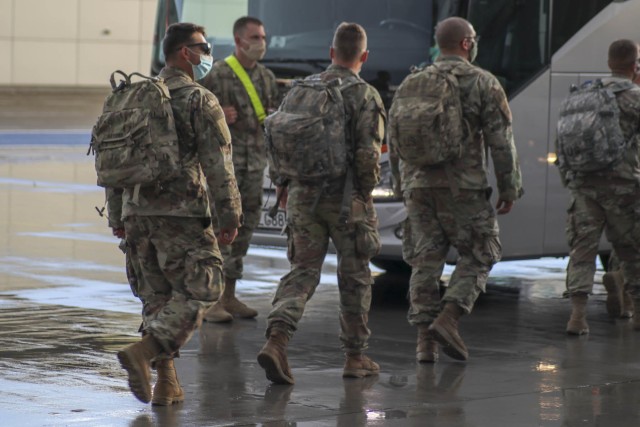 Soldiers with 2nd Battalion, 12th Cavalry Regiment, 1st Armored Brigade Combat Team, 1st Cavalry Division, arrived in Poznan, Poland on July 16, 2020. The Fort Hood based unit deployed to participate in DEFENDER-Europe 20 Phase II at Drawsko Pomorskie Training Area, Poland. DEFENDER-Europe 20 was designed as a deployment exercise to build strategic readiness in support of the U.S. National Defense Strategy and NATO deterrence objectives. In response to COVID-19, DEFENDER-Europe 20 was modified in size and scope. Phase I of the modified DEFENDER-Europe 20 was linked exercise Allied Spirit, which took place at Drawsko Pomorskie Training Area, Poland, June 5-19, with approximately 6,000 U.S. and Polish Soldiers. In Phase II of the modified DEFENDER-Europe 20, a U.S.-based combined arms battalion will conduct an Emergency Deployment Readiness Exercise to Europe July 14 – Aug. 22. For more information about DEFENDER-Europe, visit www.eur.army.mil/DefenderEurope. (Photo courtesy of the U.S. Army)