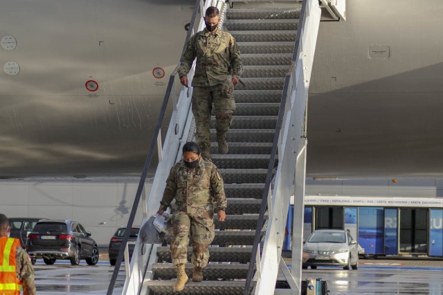 Soldiers with 2nd Battalion, 12th Cavalry Regiment, 1st Armored Brigade Combat Team, 1st Cavalry Division, arrived in Poznan, Poland, July 16, 2020. The Fort Hood based unit deployed to participate in DEFENDER-Europe 20 Phase II at Drawsko Pomorskie Training Area, Poland. DEFENDER-Europe 20 was designed as a deployment exercise to build strategic readiness in support of the U.S. National Defense Strategy and NATO deterrence objectives. In response to COVID-19, DEFENDER-Europe 20 was modified in size and scope. Phase I of the modified DEFENDER-Europe 20 was linked exercise Allied Spirit, which took place at Drawsko Pomorskie Training Area, Poland, June 5-19, with approximately 6,000 U.S. and Polish Soldiers. In Phase II of the modified DEFENDER-Europe 20, a U.S.-based combined arms battalion will conduct an Emergency Deployment Readiness Exercise to Europe July 14 – Aug. 22. For more information about DEFENDER-Europe, visit www.eur.army.mil/DefenderEurope. (Photo courtesy of the U.S. Army)