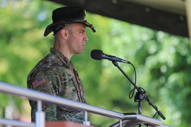U.S. Army Lt. Col. Andrew Gallo, 3rd Squadron, 2nd Cavalry Regiment commander and outgoing Battle Group Poland commander, speaks during a change of command ceremony in Bemowo Piskie Training Area, Poland, July 17, 2020. After a 6-month rotation, 3rd Squadron, 2nd Cavalry Regiment was replaced by 2nd Squadron, 2nd Cavalry Regiment. (U.S. Army photo by Cpl. Justin W. Stafford)