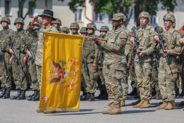 U.S. Army Command Sgt. Maj. Keneti Pauulu, the incoming command sergeants major of Battle Group Poland, salutes during a change of command ceremony in Bemowo Piskie Training Area, Poland, July 17, 2020. After a 6-month rotation, 3rd Squadron, 2nd Cavalry Regiment was replaced by 2nd Squadron, 2nd Cavalry Regiment. (U.S. Army photo by Cpl. Justin W. Stafford)