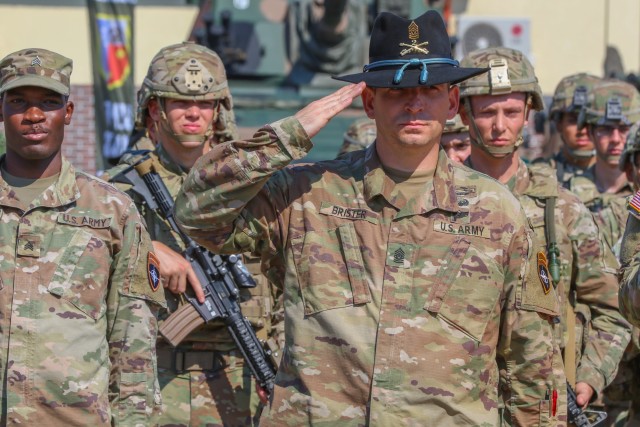 U.S. Army Command Sgt. Maj. Marcus Brister, assigned to 3rd Squadron, 2nd Cavalry Regiment, salutes during a change of command ceremony in Bemowo Piskie Training Area, Poland, July 17, 2020. Brister, the outgoing command sergeants major of Battle Group Poland, was replaced by Sgt. Maj. Keneti Pauulu from 2nd Squadron, 2nd Cavalry Regiment. (U.S. Army photo by Cpl. Justin W. Stafford)