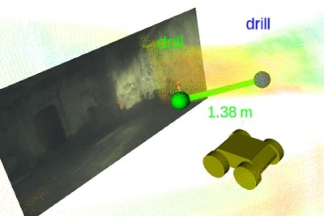 A sample landmark artifact report visualization displays how a robot (shown in yellow) would score a point once an artifact like the drill (shown in orange) becomes visible to the robot’s stereo camera.