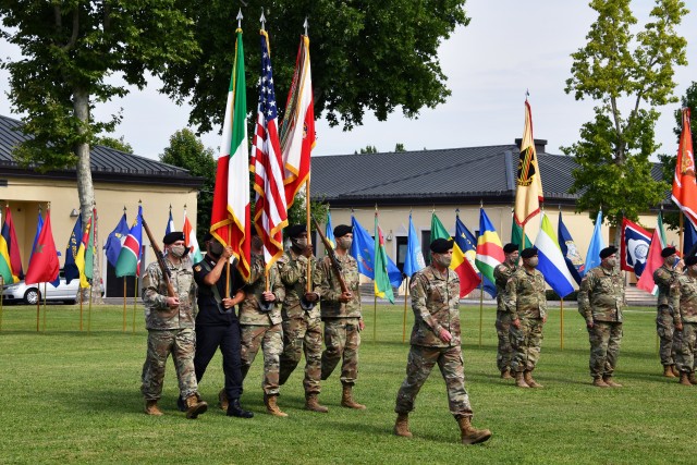U.S. Army Africa Soldiers prepare for the USARAF change of command ceremony July 15, 2020, on Caserma Ederle in Vicenza, Italy. Maj. Gen. Andrew M. Rohling assumed command of USARAF from Maj. Gen. Roger Cloutier, the outgoing commanding general....