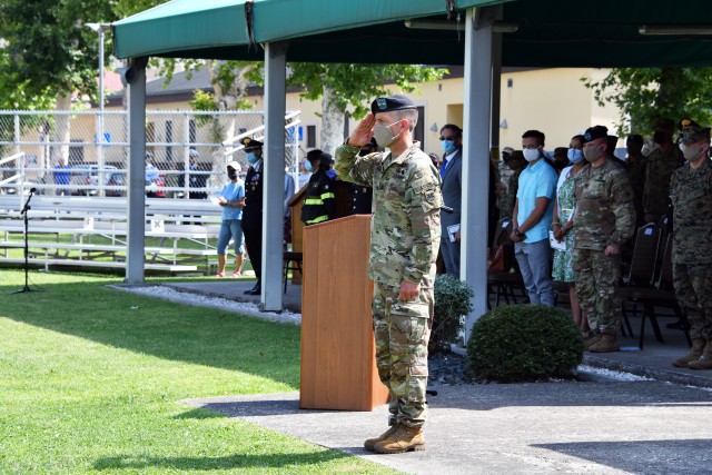 Maj. Gen. Andrew M. Rohling, the incoming U.S. Army Africa commanding general, renders a salute during the USARAF change of command ceremony at Caserma Ederle in Vicenza, Italy, July 15, 2020. (U.S. Army photo by Paolo Bovo)