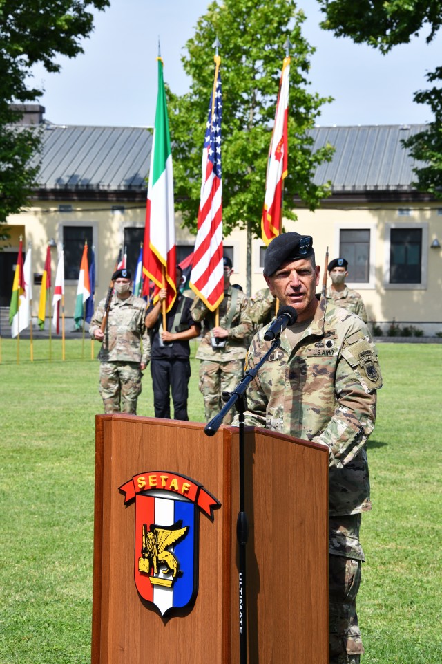 Maj. Gen. Andrew M. Rohling, the incoming U.S. Army Africa commanding general, addresses the audience during the change of command ceremony at Caserma Ederle in Vicenza, Italy, July 15, 2020. (U.S. Army photo by Paolo Bovo)