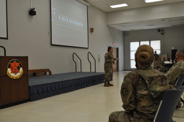 Command Sgt. Maj. Maria Jessie Baird, 9th Mission Support Command, speaks to the students attending the Human Resources Specialist course at the 4960th Multi-Functional Training Brigade, Fort Shafter Flats, Honolulu, Hawaii July 17th, 2020.
