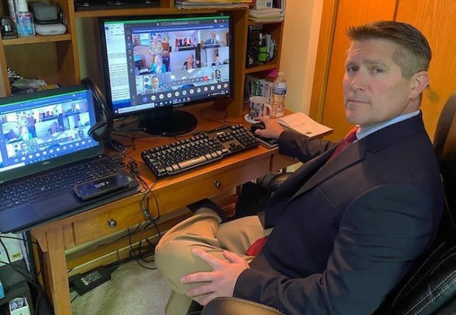Despite two computers, Jason Gabbard, program analyst, U.S. Army Combat Capabilities Development Command Chemical Biological Center - Rock Island, Illinois, could not be seen during the ceremony because he unfortunately did not possess a video...