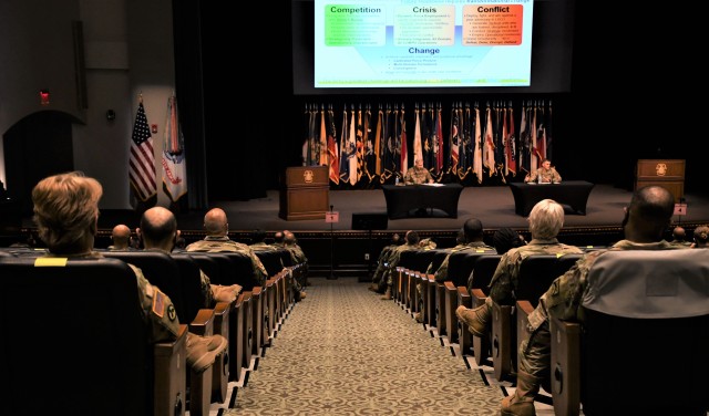 Students attending Army University’s Pre-Command Course at Fort Leavenworth, Kansas, receive a brief from Lt. Gen. Charles Flynn, Deputy Chief of Staff, G-3/5/7 and Lt. Gen. Scott Berrier, Deputy Chief of Staff, G-2, July 15, 2020. PCC prepares Active and Reserve Component Soldiers slated to assume battalion and brigade command, and command sergeants major positions.
