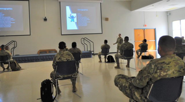 Sgt. 1st Class Chanelcherie Demello, Senior Instructor/Writer for the Human Resources Specialist Course at the 4960th Multi-Functional Training Brigade, Fort Shafter Flats, Honolulu, Hawaii, speaks to the students attending the course July 17th,...