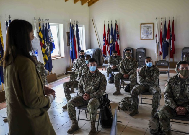 Young Hwang, Army Substance Abuse Program specialist and course instructor, conducts a suicide prevention course at the 7th Army Noncommissioned Officer Academy in Grafenwoehr, Germany, July 17, 2020. The course aimed to train noncommissioned...
