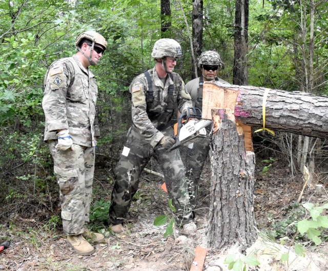 From left, Staff Sgt. Dean Johnson, JRTC Ops Gp Task Force 5, Spc. Guy Cipriano, 3rd BCT, 10th Mtn Div, and Sgt. Belmar Gomez, 3rd BCT, 10th Mtn, fell a tree using a tongue and groove cut during abatis training July 16.