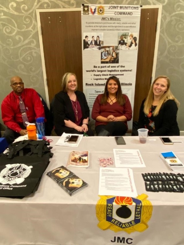 L-R: Joint Munitions Command employees Melvin Outen and Petra Dean (both Special Emphasis Program Managers) and Anjelica Farnsworth and Jessica Godfrey (both Human Resources staff members) are available to discuss JMC employment opportunities with job seekers, at a local job fair. (U.S. Army photo by Stoney Ross, JMC)