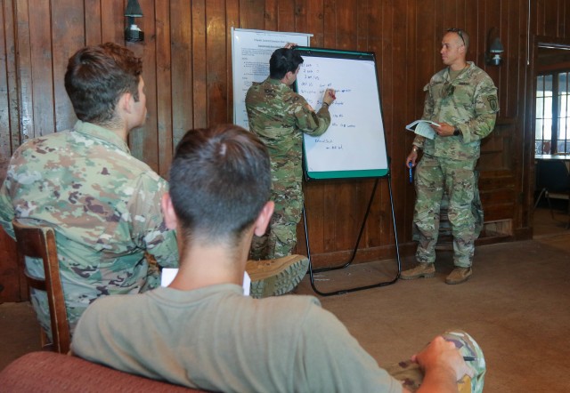 Staff Sgt. Chad Frieling and Sgt. 1st Class Michael Ortiz, 2nd Security Force Assistance Brigade, pitch their proposal to fellow SFAB members taking part in simulated scenario during training conducted by the West Point Negotiation Project July 2....
