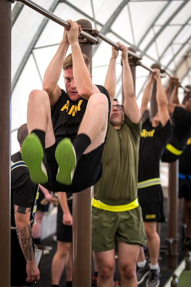 Spc. Scott Sartin, 526th Military Police Company, 40th MP Battalion (Detention), participates in the Army Combat Fitness Test portion of the Best Warrior Competition June 29 at Fort Leonard Wood, Mo. Fort Leavenworth Best Warrior participants...