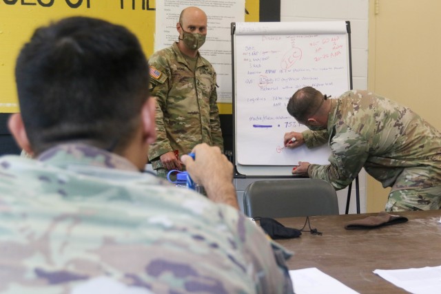 Staff Sgt. Chad Hume and Capt. Wes Cooler, 2nd Security Force Assistance Brigade, pitch their proposal to fellow SFAB members taking part in simulated scenario during training conducted by the West Point Negotiation Project July 2. The SFAB...