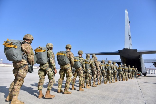 Paratroopers assigned to the 173rd Airborne Brigade prepare to board a U.S. Air Force C-130 Hercules aircraft, in preparation for airborne operations in Pordenone, Italy, Feb. 21, 2019. The Army constantly works under four types of readiness conditions to ensure Soldiers at every echelon are prepared for missions around the world. 