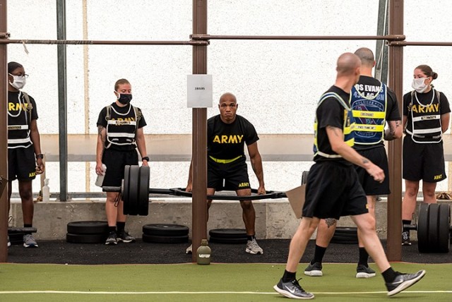 Spc. Robert Harris, Mission Command Training Program, participates in the Army Combat Fitness Test portion of the Best Warrior Competition June 29 at Fort Leonard Wood, Mo. Fort Leavenworth Best Warrior participants competed in the Combined Arms...