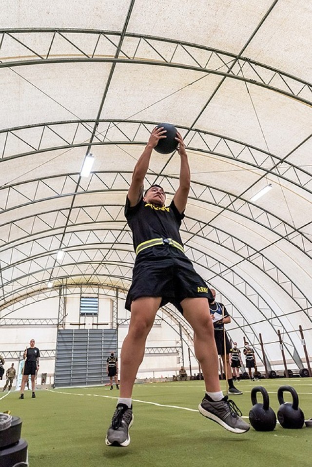 Sgt. Bryan Jacobo, 15th Military Police Brigade, works through the Army Combat Fitness Test as he participates in the Best Warrior Competition June 29 at Fort Leonard Wood, Mo. Fort Leavenworth Best Warrior participants competed in the Combined...