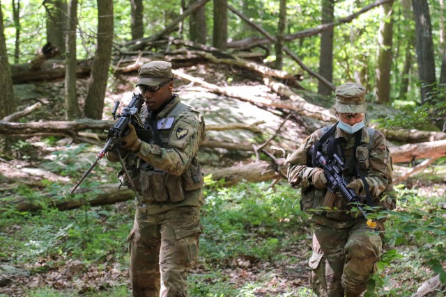U.S. Military Academy cadets conduct introduction to patrolling drills during Cadet Field Training July 14. The lanes were ran by Soldiers from 2nd Security Force Assistance Brigade. (U.S. Army Photo by Brandon O'Connor)