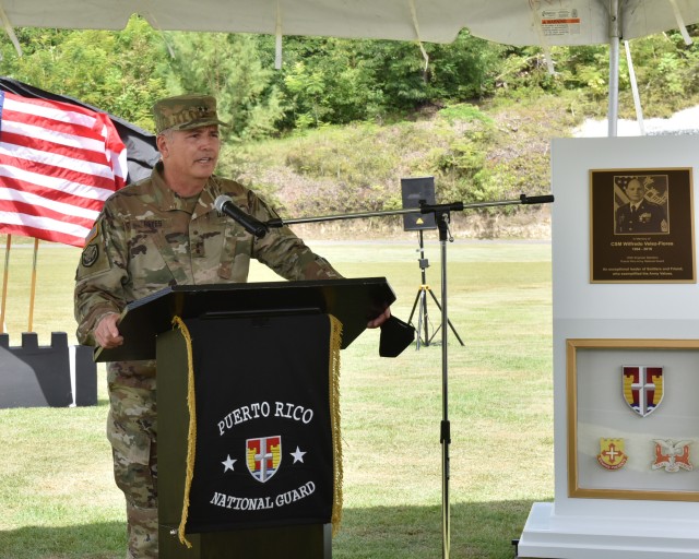 At the Memorialization – Dedication Ceremony of a recently renovated running track in Fort Buchanan, in honor of the late Command Sgt. Maj. Wilfredo Vélez Flores, of the Puerto Rico Army National Guard held July 14, 2020 the Adjutant General of...