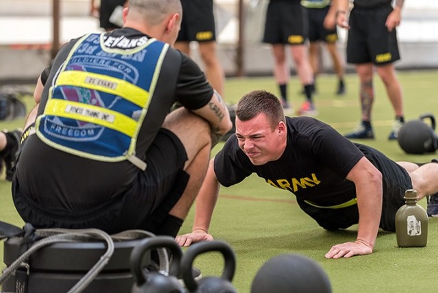 Spc. Thomas Snell, 165th Military Police Company, 705th MP Battalion (Detention), participates in the Army Combat Fitness Test portion of the Best Warrior Competition June 29 at Fort Leonard Wood, Mo. Fort Leavenworth Best Warrior participants...
