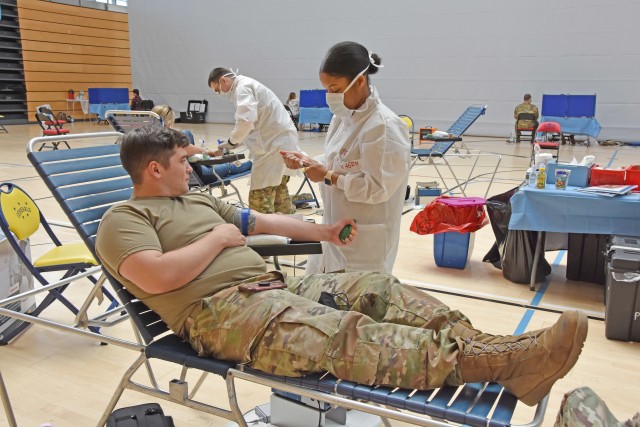 WIESBADEN, Germany – A Soldier donates blood July 14, 2020, at the fitness center on Clay Kaserne. The blood drive was the first in Europe where people who have lived on the continent for more than five years could donate.