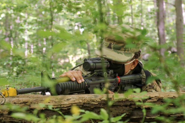 U.S. Military Academy cadets conduct introduction to patrolling drills during Cadet Field Training July 14. The lanes were ran by Soldiers from 2nd Security Force Assistance Brigade.