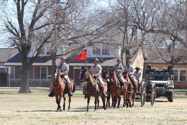 Dubia leads the Artillery Half Section onto the Old Post Quadrangle during a ceremony early in 2020. The 22-year-old horse and 18-year Army veteran, suffered a traumatic injury in 2012 but was gradually nursed back to health. 
