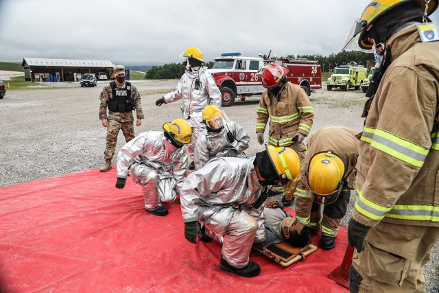 Camp Bondsteel KBR Fire and EMS transport a wounded Soldier to their triage collection point as part of active shooter training at Camp Bondsteel, Kosovo July 18, 2020. KBR Fire and EMS are responsible for assisting military installation with the...