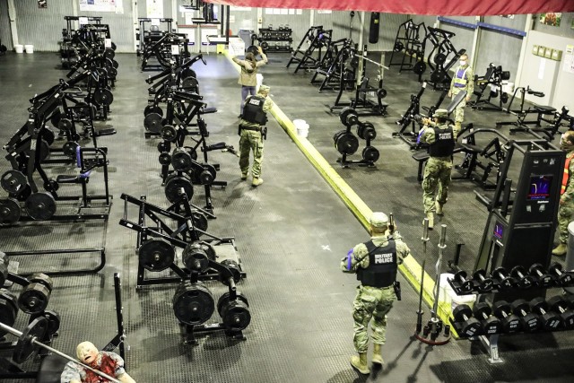 Kosovo Force Regional Command Task Force Military Police Soldiers respond to the active shooter training event, at Camp Bondsteel, Kosovo, July 18, 2020. 
...