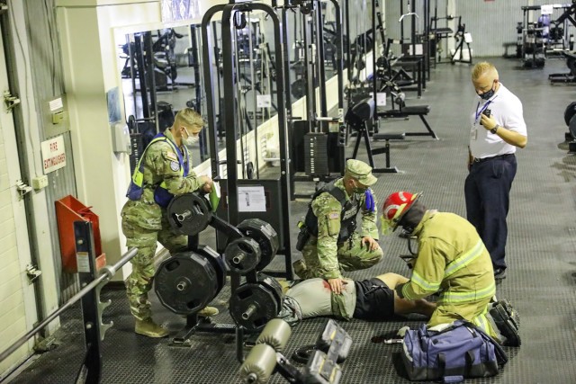 Kosovo Force Regional Command Task Force Military Police Soldiers work with KBR Fire and EMS to treat a critically wounded Soldier during active shooter training, at Camp Bondsteel, Kosovo, July 18, 2020. Task Force Military Police of the 423rd...