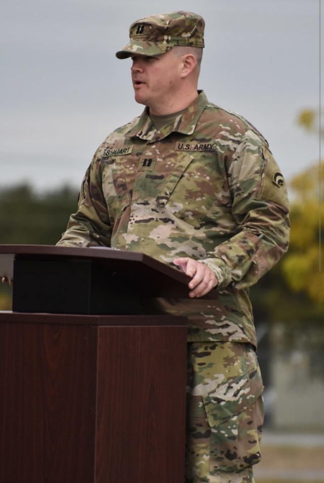 U.S. Army Cpt. Patrick Shuart addresses his company during a change of command ceremony in New York on October 25, 2019. Shuart commands the 42nd Infantry Division's Headquarters and Headquarters Battalion's Headquarters Support Company.
