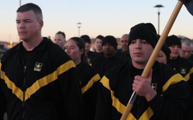 U.S. Army Cpt. Patrick Shuart  lead his company during a Division run in Texas on February 8, 2020. Shuart commands the 42nd Infantry Division's Headquarters Support Company.