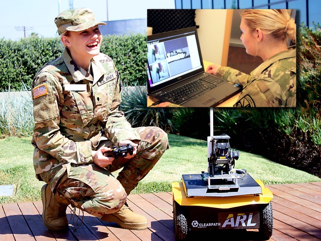 A U.S. Army cadet and ARL West intern assists with research on the CCDC Army Research Laboratory Joint Understanding and Dialogue Interface, or JUDI, capability, which enables bi-directional conversational interactions between Soldiers and autonomous systems.