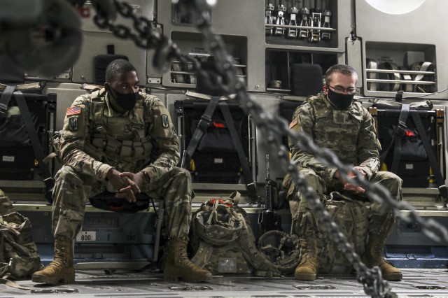 Soldiers assigned to 3rd Battalion, 27th Field Artillery Regiment (HIMARS), wait to disembark  from a C-17 Globemaster III, after arriving at  Fort A.P. Hill Landing Zone, Virginia, for an Artillery Raid, on July 20, 2020. These 3-27th FAR (HIMARS) crews have been conducting fire missions to enhance readiness in preparation for future large scale combat operations.
(U.S. Army photo by Spc. Daniel J. Alkana, 22nd Mobile Public Affairs Detachment)