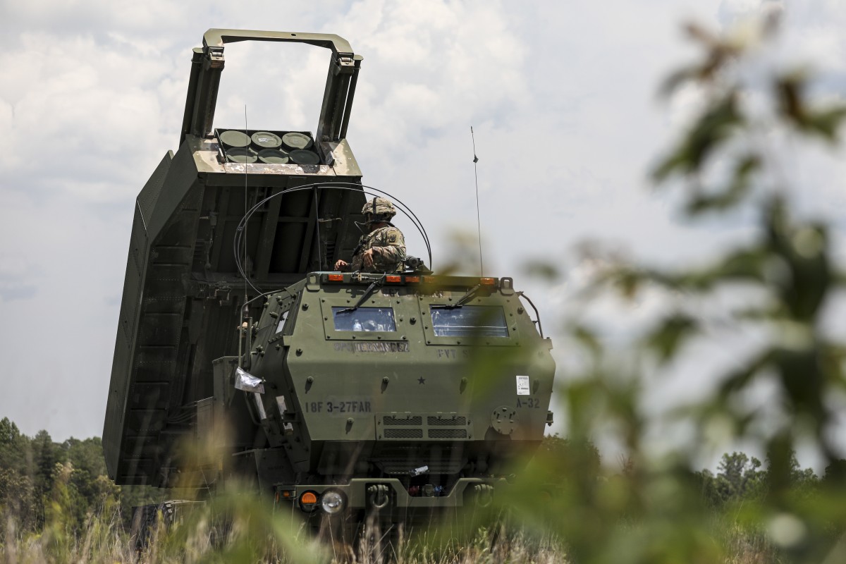 U.S. Army Sgt. Jacob Ramirez, a multiple launch rocket system (MLRS/HIMARS) crewmember, assigned to 3rd Battalion, 27th Field Artillery Regiment (HIMARS), raises a M142 High Mobility Artillery Rocket System, to simulate accuracy of live rounds, at Fort A.P. Hill Landing Zone, Virginia, July 20, 2020. These 3-27th FAR (HIMARS) crews are conducting simulated Artillery Raids in preparation for future large scale combat operations.(U.S. Army Photo by Spc. Daniel J. Alkana, 22nd Mobile Public Affairs Detachment)