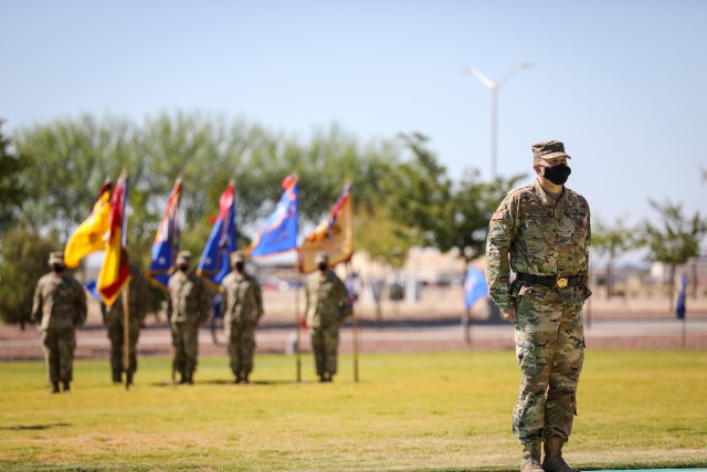 FORT BLISS, Texas - Brig. Gen. Matthew L. Eichburg, the incoming commanding general of 1AD and native of Warren, Michigan, assumes command of the Soldiers of 1AD, signifying the close of the 1AD change of command ceremony, July 28, at Fort Bliss, Texas. The division change of command ceremony is a formal event which marks the transition of authority between commanding generals. As Eichburg assumes command of 1AD, he noted the immense impact that the outgoing commanding general of 1AD, Maj. Gen. Patrick E. Matlock, had upon the development and cultivation of his leadership style. (U.S. Army photo by Pfc. Matthew Marcellus)