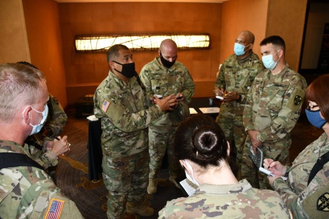 Soldiers of the Army Reserve Medical Command 7454th Urban Augmentation Medical Task Force conduct pre-mobilization activities during a Soldier Readiness Processing event July 23, 2020 in San Antonio, Texas. The 85 skilled medical professionals are...