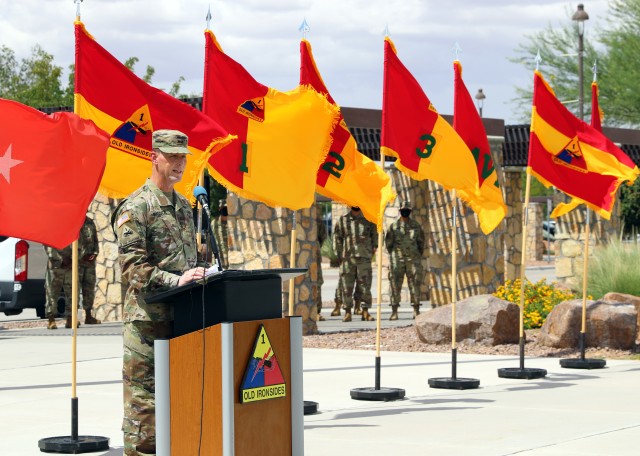 Fort Bliss, Texas - Maj. Gen. Patrick Matlock, the commanding general of 1st Armored Division and Fort Bliss provides remarks on the many accomplishments of British Army Brigadier Leigh Tingey, a native of Cambridge, England, the outgoing deputy commanding general-maneuver of 1AD during a farewell retreat ceremony held in Tingey’s honor at Fort Bliss, Texas, July 23.  (U.S. Army photo by Jean S. Han)