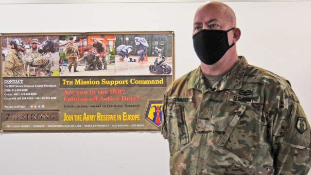 Maj. Jayson Cummins, Task Force Wilkommen support operations officers speaks about processes and procedures of Soldiers arriving to Europe from the United States at the Deployment Processing Center on Rhine Ordnance Barracks in Kaiserslautern,...