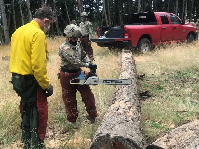 Bruce McDonald, DPW Forester, guides PFC Mena from HHC 14 BEB RUGGED, 2-2 SBCT on the correct stance when holding a chainsaw.