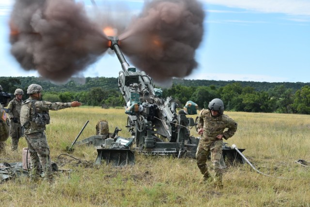 Troopers with Battery B, Field Artillery Squadron (STEEL), 3d Cavalry Regiment executed a lethal two-gun M777 Howitzer raid culminating with a live fire at Fort Hood on July 29. (U.S. Army photo by Maj. Marion Jo Nederhoed)