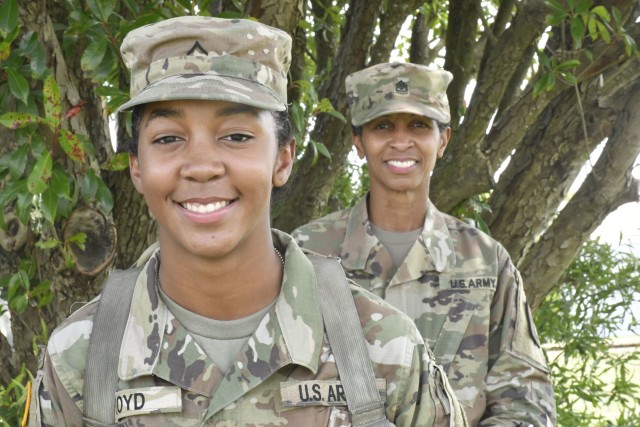 Pvt. Sharee Floyd and her mother Command Sgt. Maj. Rosyln Floyd pose for a recent picture. Sharee graduated from advanced individual training on July 17 as a logistician and is currently stationed at Fort Myer, Va. Her mother concluded a 31-year career as a logistician as well.