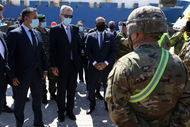 U.S. Ambassador and Greece Defense Minister speak to 101st CAB Soldiers at the port.