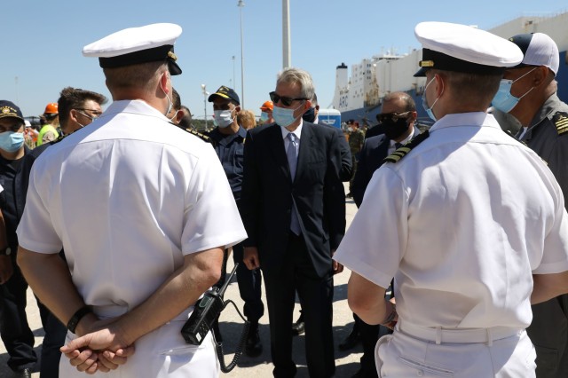 Ambassador Geoffrey Pyatt meets with the Captain of the U.S.N.S Yuma, which is also birthed at the Port of Alexandroupoli next to the ARC Endurance. The Military Sealift Command vessel,  arrived a few days ago to conduct routine maintenance. This is the first time in the port’s history that two U.S. ships have docked at the port at the same time. 