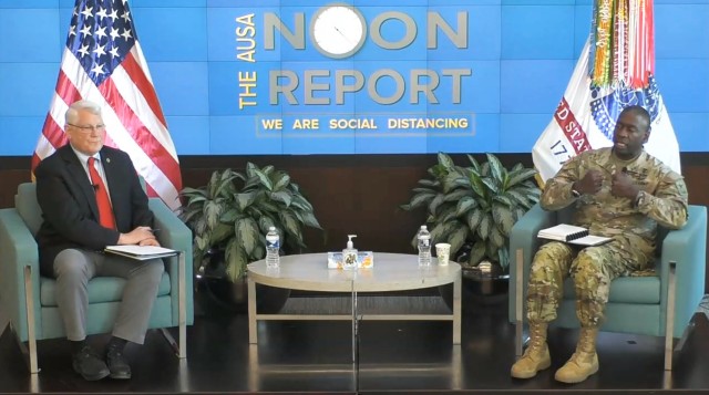 Army Surgeon General Lt. Gen. R. Scott Dingle, right, speaks with retired Gen. Carter Ham about the Army's contributions to the nationwide COVID-19 response. Dingle, who also leads the U.S. Army Medical Command, said the Army's three-phase...