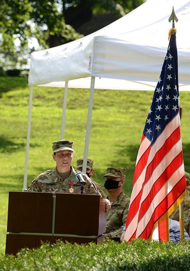 Outgoing 15th Military Police Brigade Commander Col. Caroline Smith delivers remarks during her change of command ceremony with incoming 15th MP Brigade Commander Col. Michael Johnston July 24 on Main Parade. Photo by Prudence Siebert/Fort...