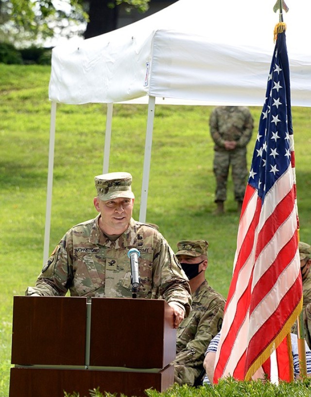Incoming 15th Military Police Brigade Commander Col. Michael Johnston delivers remarks during his change of command ceremony with outgoing 15th MP Brigade Commander Col. Caroline Smith July 24 on Main Parade. Photo by Prudence Siebert/Fort...