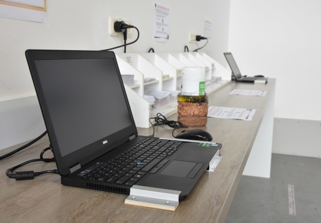 WIESBADEN, Germany - Laptops are set up at the Wiesbaden Postal Service Center to help ease the transition to online-only customs forms. Beginning Aug. 13, the Wiesbaden Postal Service Center will no longer accept hand-written customs forms when mailing packages.