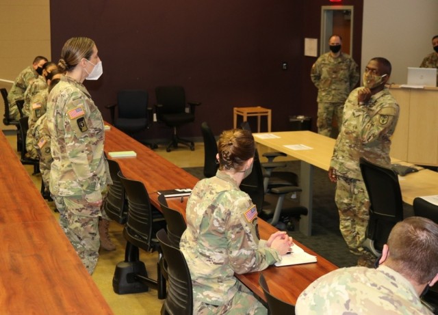 Lt. Gen. R. Scott Dingle, right, the 45th surgeon general of the Army, meets with Soldiers who are supporting COVID-19 relief efforts for Task Force Medical at the Mission Training Complex, Joint Base San Antonio, Texas, July 27, 2020. Dingle...